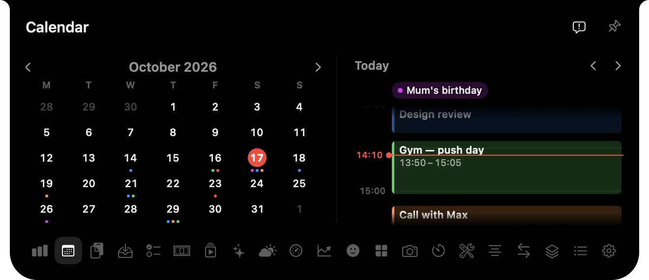 Calendar: the month beside today’s timeline, with a red line at the current time.