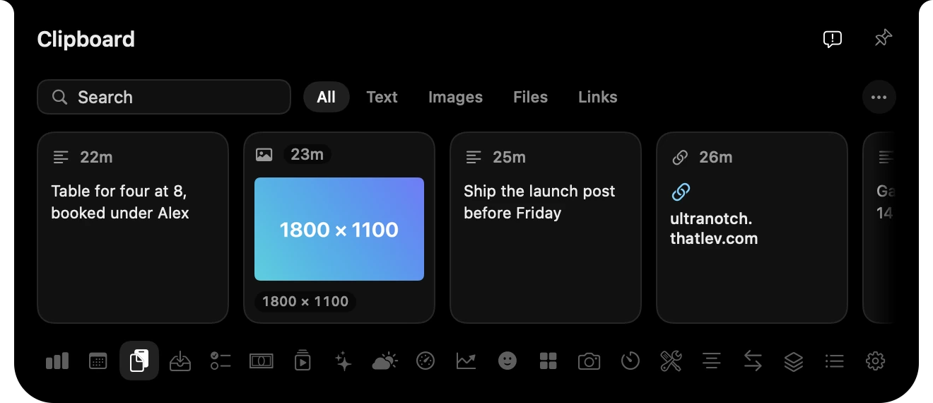 Clipboard history with text, a picture and a link.