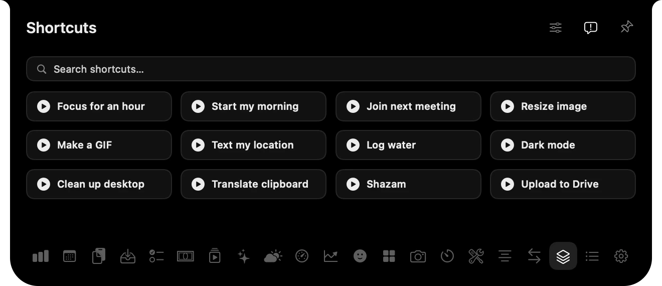 A grid of shortcuts to run.